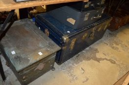 Metal coal box, storage trunks, suitcases.