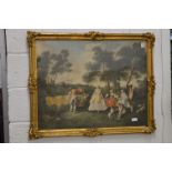 Figures gathered beneath trees in a woodland setting, colour print in a decorative gilt frame.