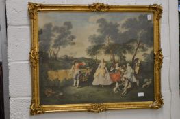 Figures gathered beneath trees in a woodland setting, colour print in a decorative gilt frame.