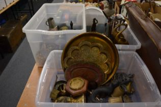 A quantity of copper and brass ornaments, candlesticks, boxes etc.