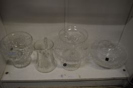 Cut glass bowls, vases and a jug.