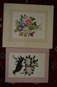 Two unframed works of art depicting a bird on a branch and a spray of flowers.