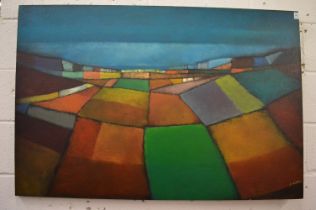 Saliba, abstract rural landscapes, oil on board, a pair.