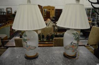 A good pair of Chinese porcelain table lamps, each decorated with female figures beneath a tree.