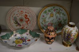 A floral decorated porcelain vase and other decorative china to include a Spode plate.