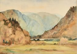 Henri Harpignies (1819-1916), a lake in a mountainous valley, pencil and watercolour, signed and