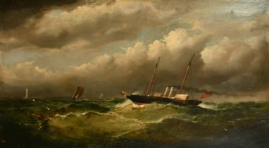 19th Century English School, a paddle steamer approaching port in heavy seas, oil on canvas, 24" x