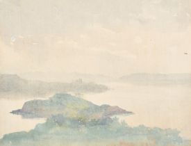 Attributed to Lucy Violet Holdsworth, misty view of a loch and castle, oil on canvasboard, inscribed