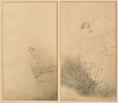 Charles Prosper Sainton (1861-1914), a girl seated on a rocky outcrop, and another blowing a horn,