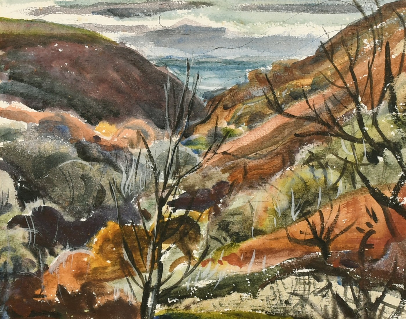 Attributed to Rowland Suddaby (1912-1972), a valley view, watercolour and gouache, indistinctly