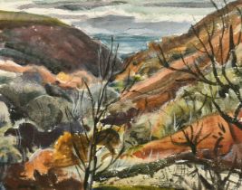 Attributed to Rowland Suddaby (1912-1972), a valley view, watercolour and gouache, indistinctly