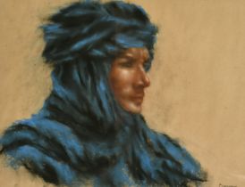 Catherine Dammeron (b. 1976) French, a head study of a figure in a headdress, pastel, signed, 17"