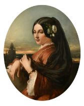 Attributed to Charles Baxter (1809-1879), a portrait of a lady with flowers in her hair with a