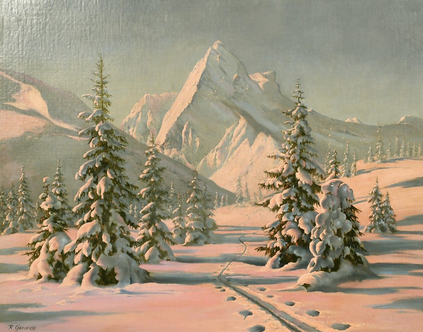 R. Gerarde, Continental School Circa 1900, a Tyrolean view at dusk with tracks in the snow, oil on