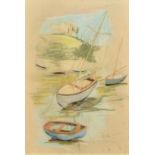 Phyllis Bray (1911-1991), boats moored in an estuary near Faversham, watercolour, pencil and crayon,