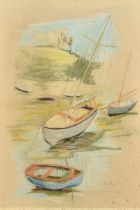 Phyllis Bray (1911-1991), boats moored in an estuary near Faversham, watercolour, pencil and crayon,