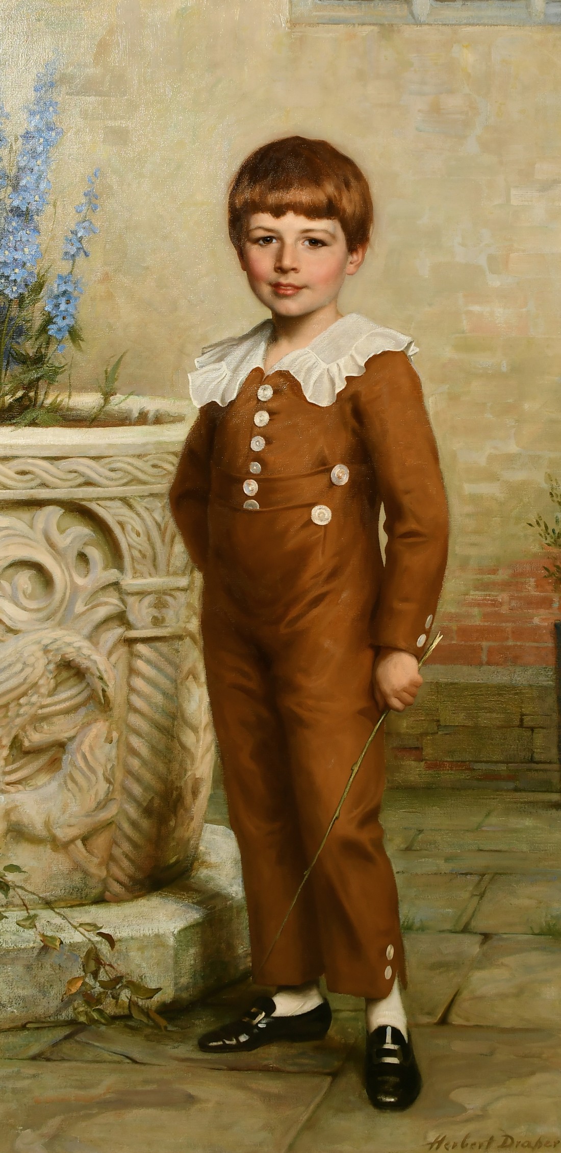 Herbert Draper, Circa 1900, a portrait of a young boy standing beside a carved urn, oil on canvas, - Image 2 of 4