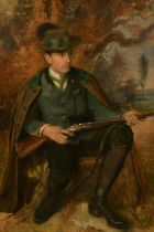 Paul Beckert (1856-1922), a resting huntsman in a cape and hat holding a rifle, oil on canvas, 30" x