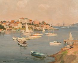 James Ranalph Jackson (1882-1975) Australian, boats moored in Sydney Harbour, oil on canvas, signed,