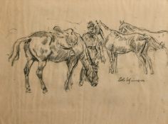 Edouard Elzingre (1880-1966) Swiss, a figure and three horses, charcoal, signed, 9.25" x 12.5" (23.5