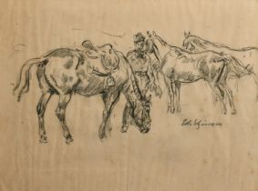 Edouard Elzingre (1880-1966) Swiss, a figure and three horses, charcoal, signed, 9.25" x 12.5" (23.5