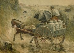 19th Century Possibly Irish School, figures on a milk cart approaching a female figure on a