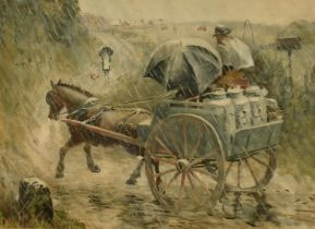 19th Century Possibly Irish School, figures on a milk cart approaching a female figure on a