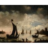 Manner of Aert Van Der Neer, figures hauling nets with shipping in a bay under moonlight, oil on