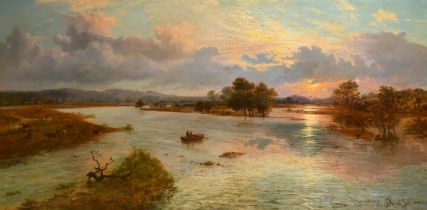 J. Holland, English School, Sunset on the Trent Estuary, June 1880, oil on canvas, signed, 36" x 70"