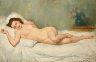 Leon Laurent Galand (1872-1960) French, a sleeping female nude, oil on canvas, signed, 38.25" x 59.