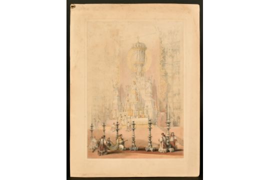 Two hand coloured lithographs of Seville Cathedral, 15" x 10" (38 x 25cm), along with a lithograph - Image 3 of 5