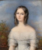 19th Century, probably Austrian School, a miniature portrait of a lady with ringlets in her hair,