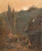 John Harmsworth (19th Century), figures at sunset by a cottage, inscribed verso, 7.5" x 6.25" (19