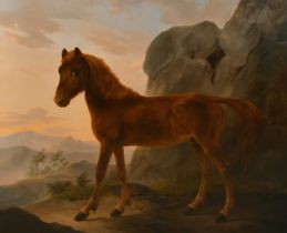 Wouterus Verschuur (1812-1874), a portrait of a horse in a rocky mountainous landscape, oil on