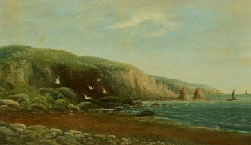 Circle of John Brett, Coastal view with gulls, oil on board, 7" x 12" (18 x 30cm).