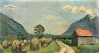 Adrian Brugger, a valley track alongside haystacks, oil on canvas laid onto board, artist's stamp