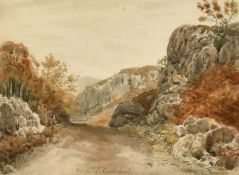 Circle of J M W Turner, 'Borrowdale Cumberland', watercolour, inscribed, further inscribed 'Drawn