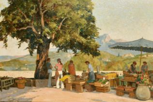 Eric Bruce McKay (1907-1989), figures in a marketplace in the South of France, oil on canvas,