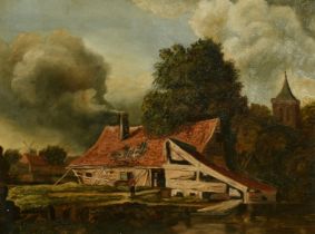 19th Century English, possibly Norwich School, figures by a riverside cottage with a church spire