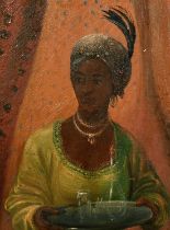 19th/20th Century, a portrait of an Eastern female attendant carrying a tray with glassware, oil