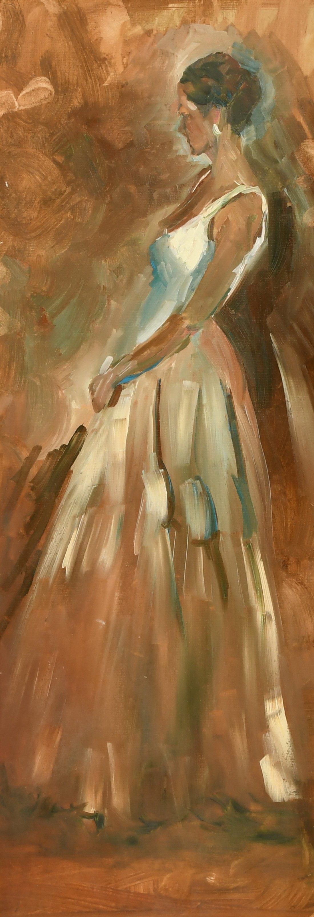 Sheree Valentine-Daines, 'Lady in White', oil on board, with clipped label verso, 20" x 7" (51 x