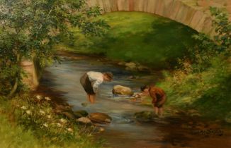 M. A. Dempster, Late 19th Century English School, children playing in a river by a stone bridge, oil