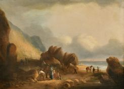 Circle of Shayer, Circa 1840, fisherfolk gathered on a beach, oil on Waring and Dimes artist