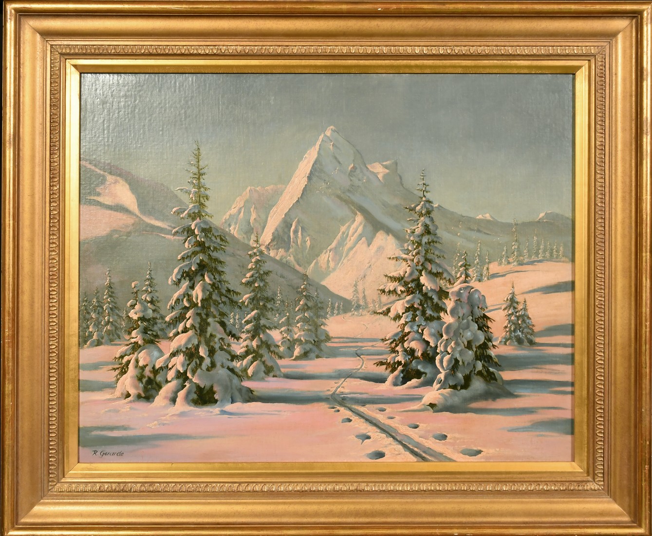 R. Gerarde, Continental School Circa 1900, a Tyrolean view at dusk with tracks in the snow, oil on - Image 2 of 4