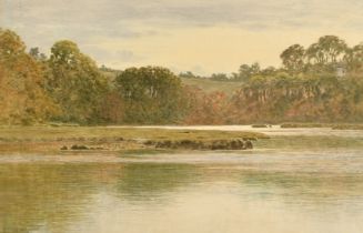 Alfred Mitchell, expansive river landscape, watercolour, signed, 12" x 18.5" (30 x 47cm).