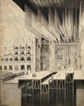 George F. Morrell, a profile view of a working theatre, ink and wash with bodycolour, signed with