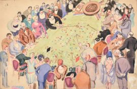 Continental School, Circa 1930, a crowded roulette table at Monte Carlo, inscribed, 7.5" x 11.25" (