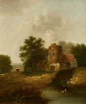 Patrick Nasmyth (1787-1831), figure on a horse and cart by a country mill, oil on canvas, signed,