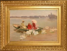 Jules Scalbert (1851-1928) French, female figures on a boating lake feeding swans, oil on canvas,