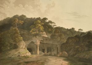 Thomas and William Daniell, 'The Entrance to the Elephanta Cave', hand coloured aquatint, 18" x